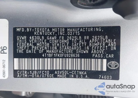 2015 Toyota Camry Le z USA, uszkodzony, nr VIN 4T1BF1FK0FU928636